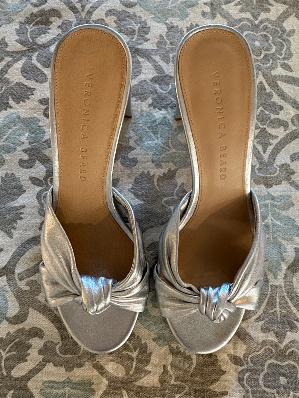 Veronica Beard Silver Knotted Slide Sandals, Size 7